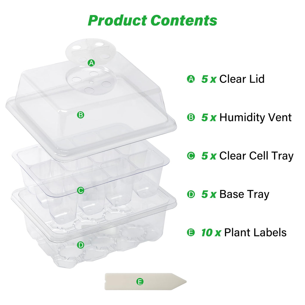 10-Pack Seed Starter Trays, Tall Dome, Base, 12-Cell Tray, Clear | 10 Seedling Kits with Tall Domes for Large Seed Starting. Adjustable Vents, Clear Trays & Heat Mat Compatibility, Indoor Use
