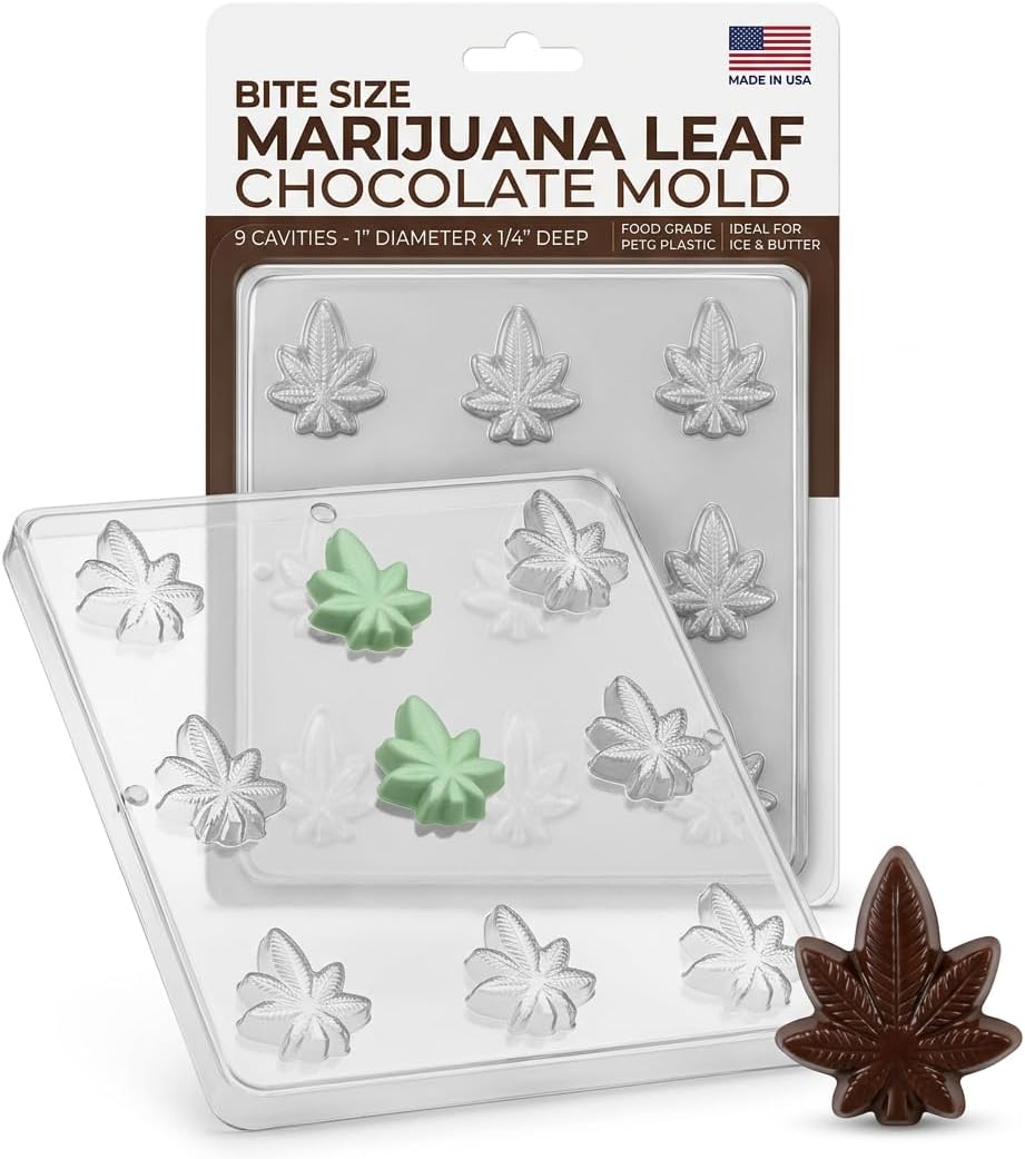 Bite Size Marijuana Leaf Design Chocolate Candy Mold 1337, Food Grade Plastic, 9 Cavities, 1 Inch Diameter