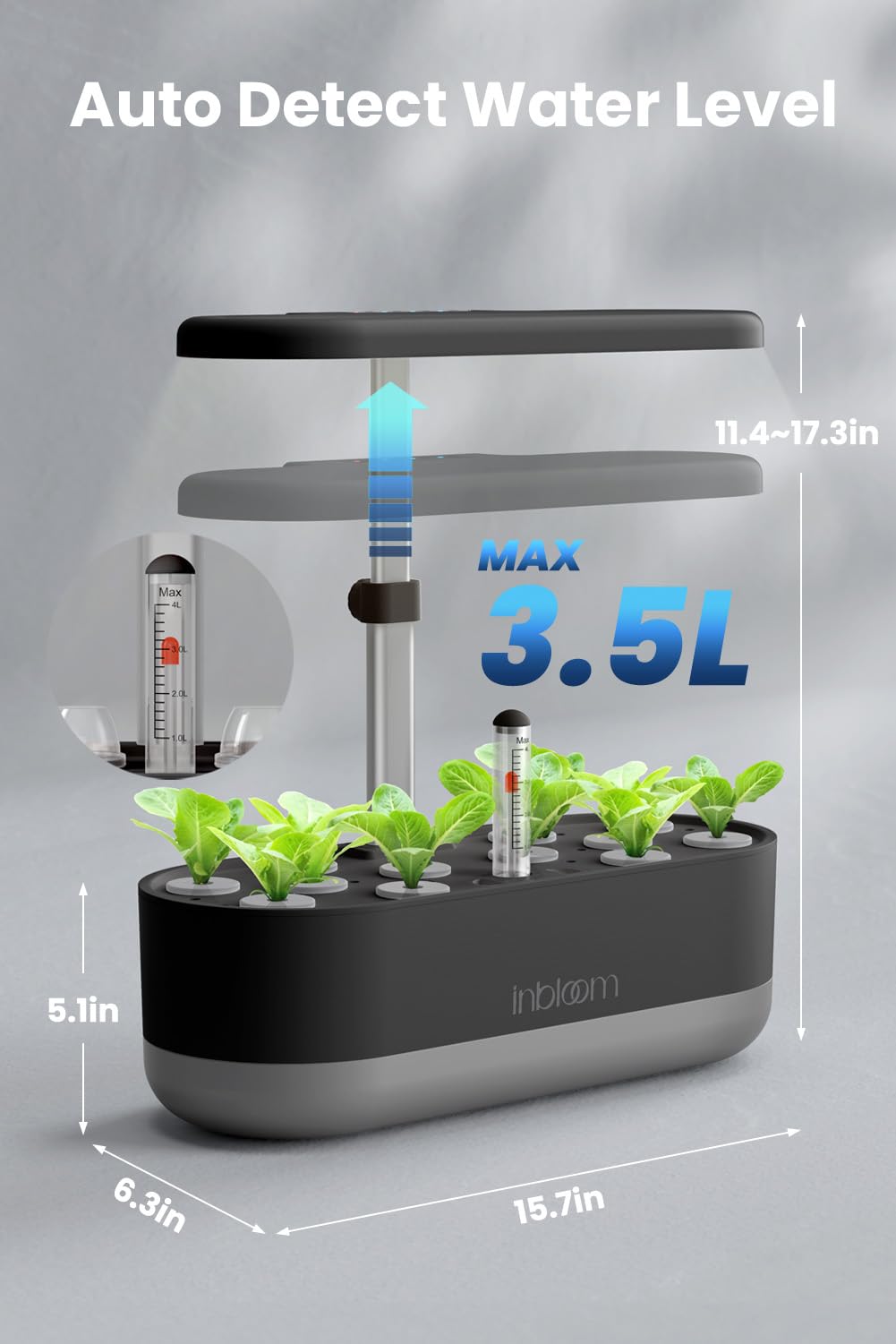 inbloom 12 Pods Hydroponics Growing System Kit, Herb Garden Planter Indoor Kit, Indoor Gardening Hydroponics Growing System with 4.2L Water Pump, Height Adjustable, Gifts for Woman, Transparent Black