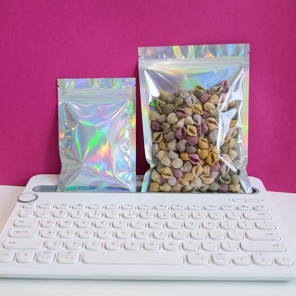 100 Pieces Mylar Holographic Resealable Bags - 4 x 6" Smell Proof Bags, Foil Pouch for Party Favor Food Storage (Holographic Color, 4 x 6 Inch)
