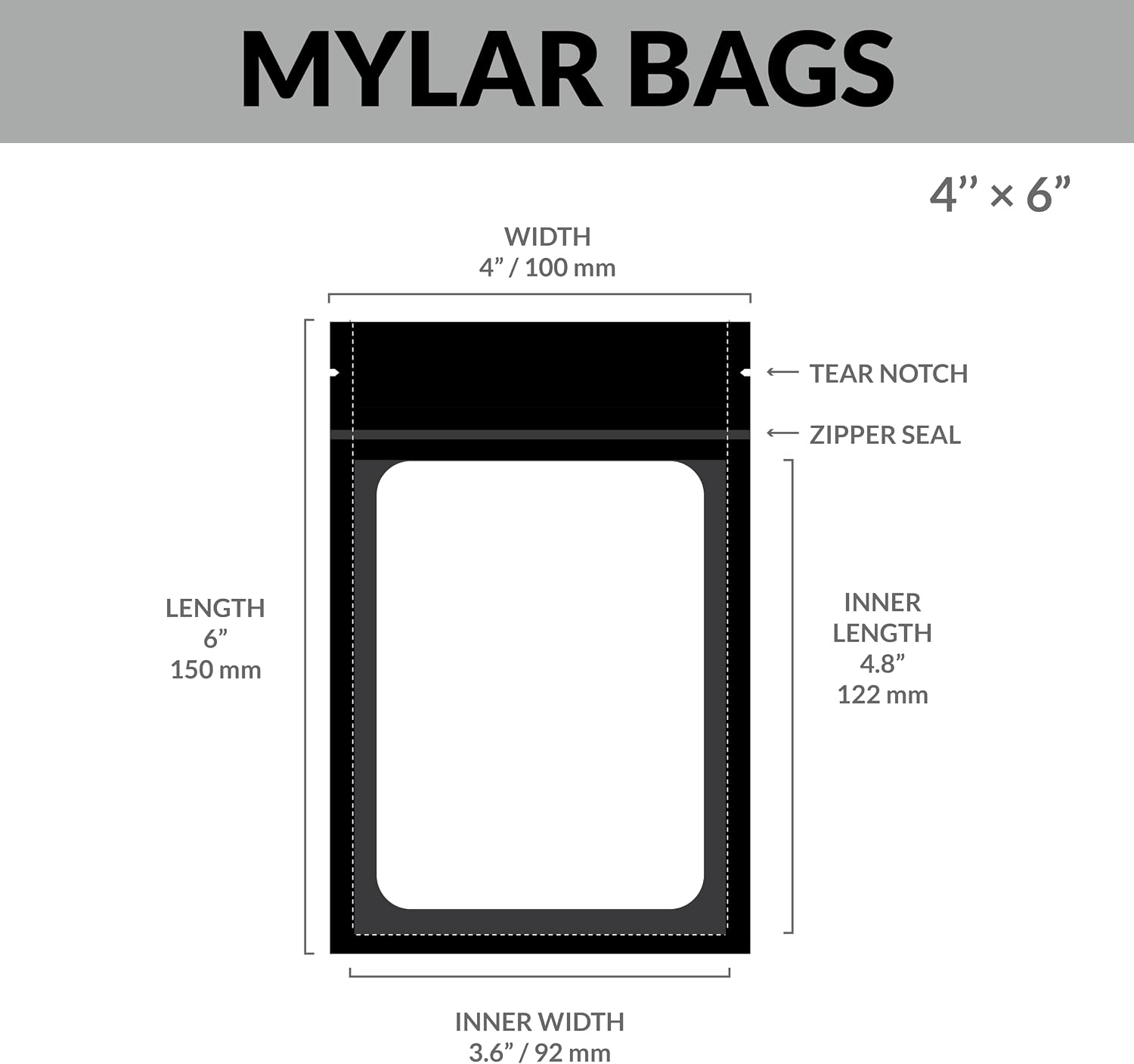 Mylar Bags with Zipper Seal 4 x 6" | 100 Bags | Black | Resealable Heat Seal Bags for Candy and Food Packaging, Medications and Vitamins | For Liquid and Solids (Black, 4" x 6")
