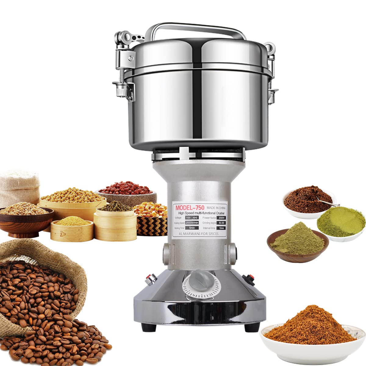 Electric Grain Grinder Mill 1000g High-speed Spice Herb Mill Commercial Powder Machine for Dry Cereals Grain Herb Spice Coffee Corn Bean (1000g Stand Type)