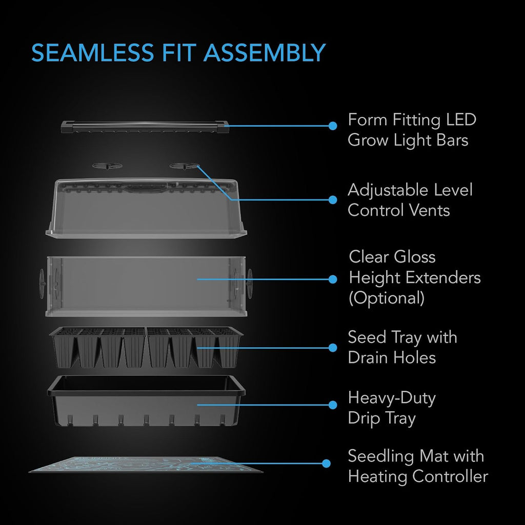 AC Infinity Heavy-Duty Humidity Dome 5x8 Germination Kit | Full Spectrum LED Grow Light Bars w/Samsung LM301H EVO LEDs, Heat Mat, 3mm Dome, Trays, Vented Panels, for Seed Starting