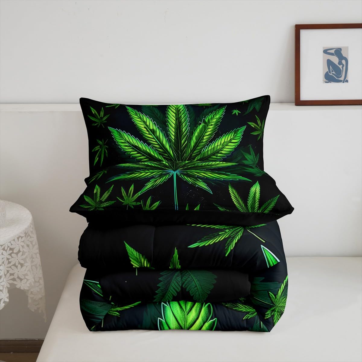 Cannabis Leaf Comforter Set Queen Size 3 Pcs,Marijuana Leaf Weed Psychedelic Bedding Set,Neon Green Leaves Botanical Trippy Quilt Set for Young Adults,2 Pillowcases