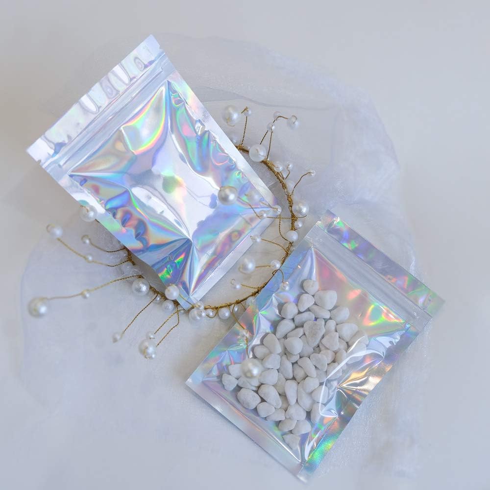 100 Pieces Mylar Holographic Resealable Bags - 4 x 6" Smell Proof Bags, Foil Pouch for Party Favor Food Storage (Holographic Color, 4 x 6 Inch)