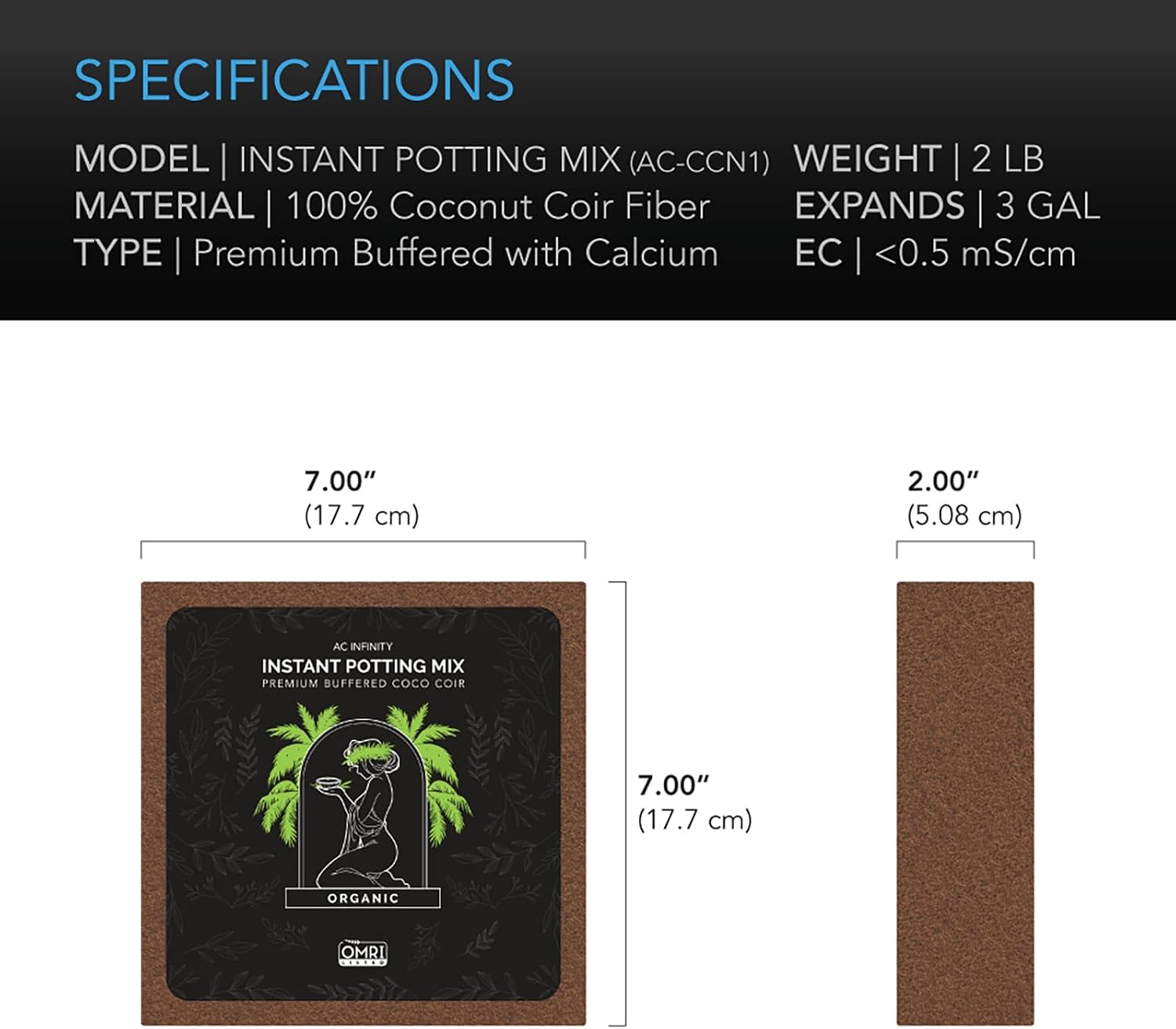 AC Infinity Instant Potting Mix, 2 lb. Premium Buffered Coco Coir Brick | Coconut Compost as Potting Soil Omri Listed, Low EC and pH Balance for Hydroponics Plant Growing and Propagation