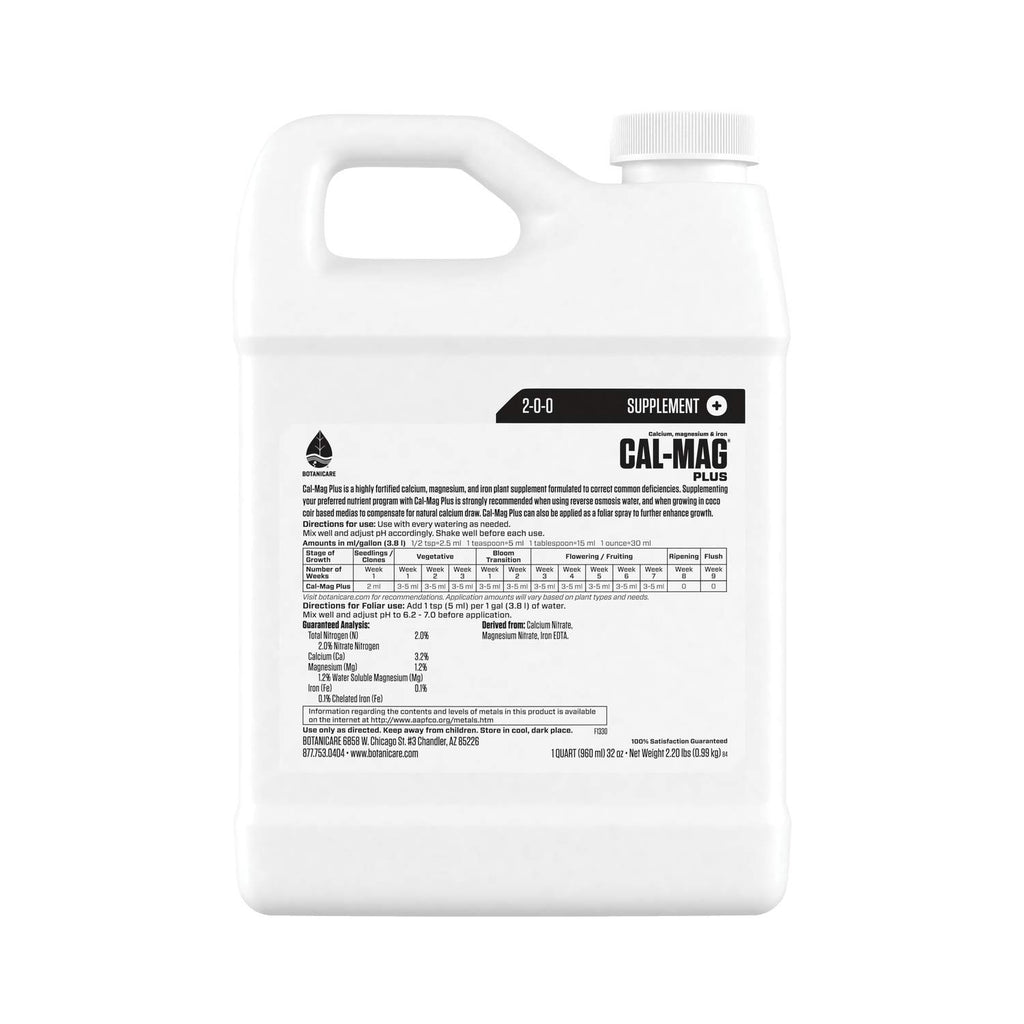 Botanicare Cal-Mag Plus, A Calcium, Magnesium, And Iron Plant Supplement, Corrects Common Plant Deficiencies, Add To Water Or Use As A Spray, 2-0-0 NPK, Quart