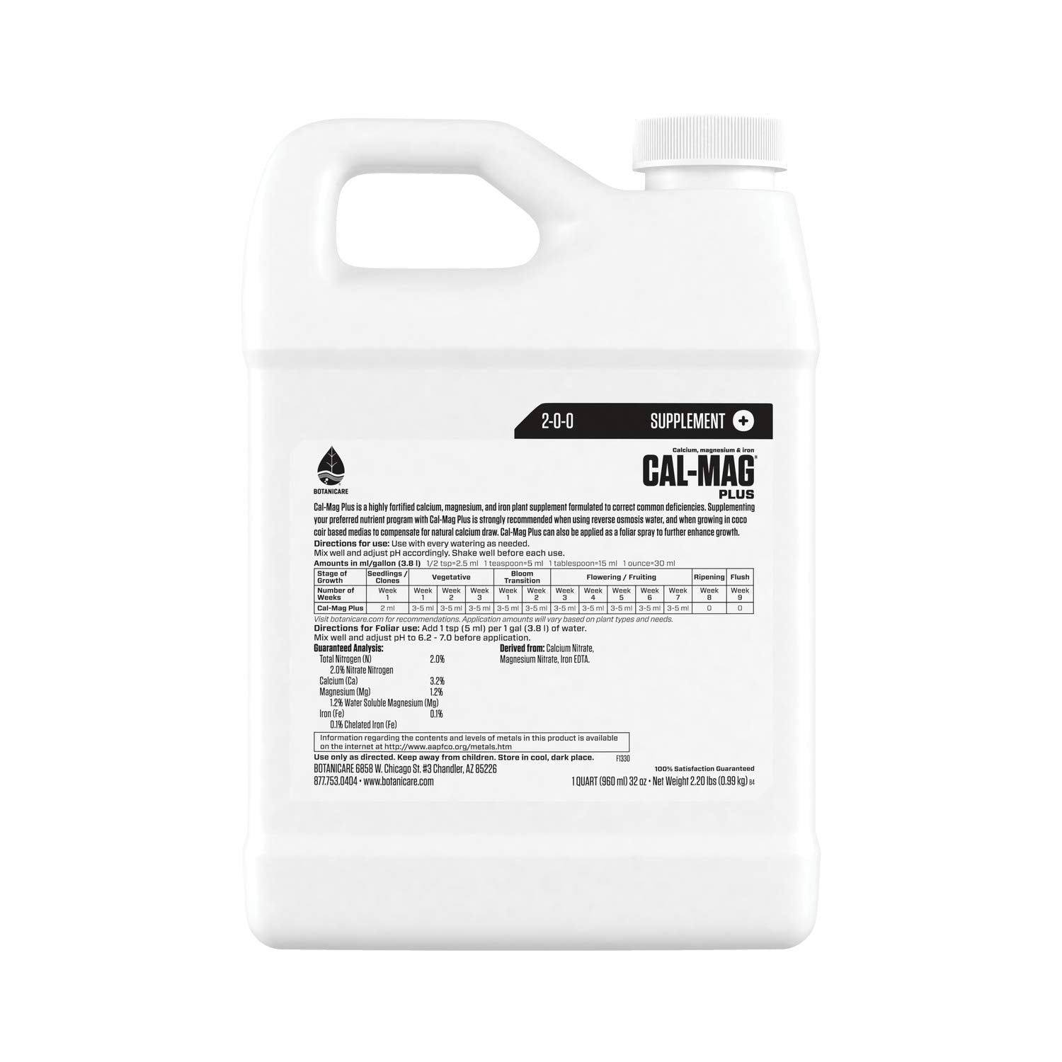Botanicare Cal-Mag Plus, A Calcium, Magnesium, And Iron Plant Supplement, Corrects Common Plant Deficiencies, Add To Water Or Use As A Spray, 2-0-0 NPK, Quart