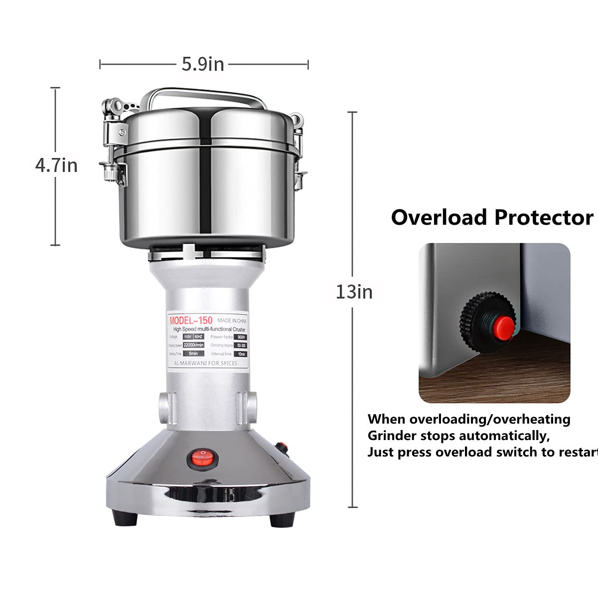 Electric Grain Grinder Mill 1000g High-speed Spice Herb Mill Commercial Powder Machine for Dry Cereals Grain Herb Spice Coffee Corn Bean (1000g Stand Type)