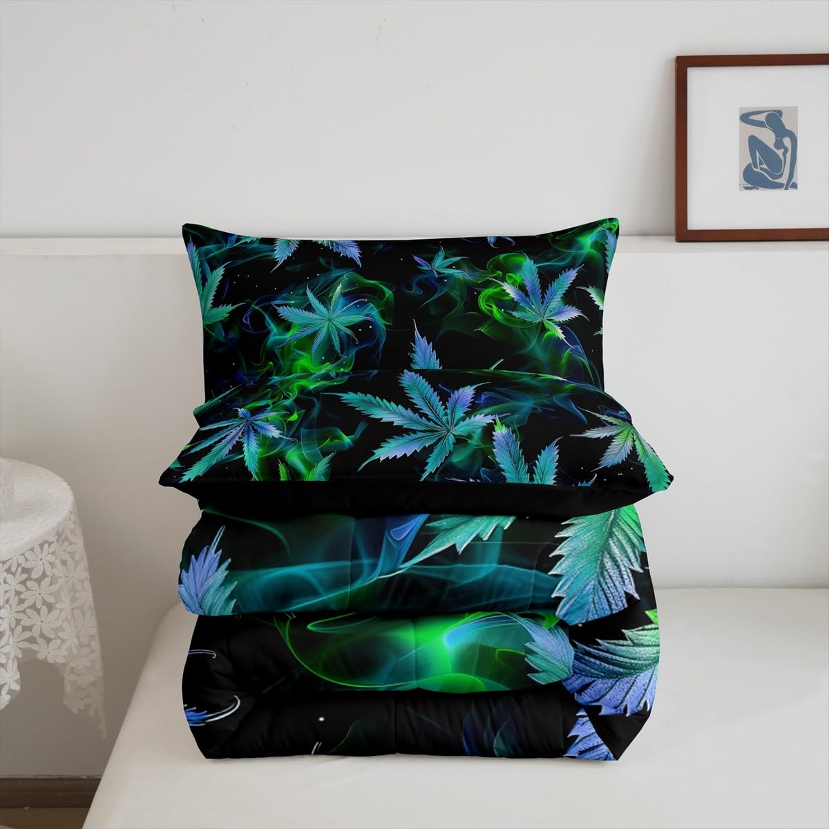 Cannabis Leaf Comforter Set Queen Size 3 Pcs,Marijuana Leaf Weed Psychedelic Bedding Set,Neon Green Leaves Botanical Trippy Quilt Set for Young Adults,2 Pillowcases