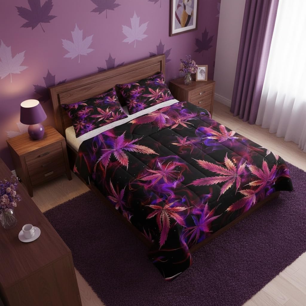 Cannabis Leaf Comforter Set Queen Size 3 Pcs,Marijuana Leaf Weed Psychedelic Bedding Set,Neon Green Leaves Botanical Trippy Quilt Set for Young Adults,2 Pillowcases