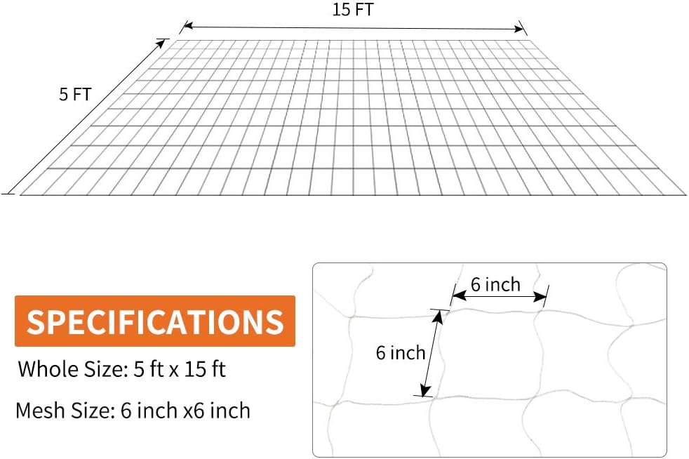 Tcamp Heavy-Duty Polyester Garden Trellis Netting, 5Ft x15Ft (1 Pack) | 3.5" Opening Mesh Plant Climbing Net for Growing Vines Plants Vegetables Fruits Flowers, White Grow Tent