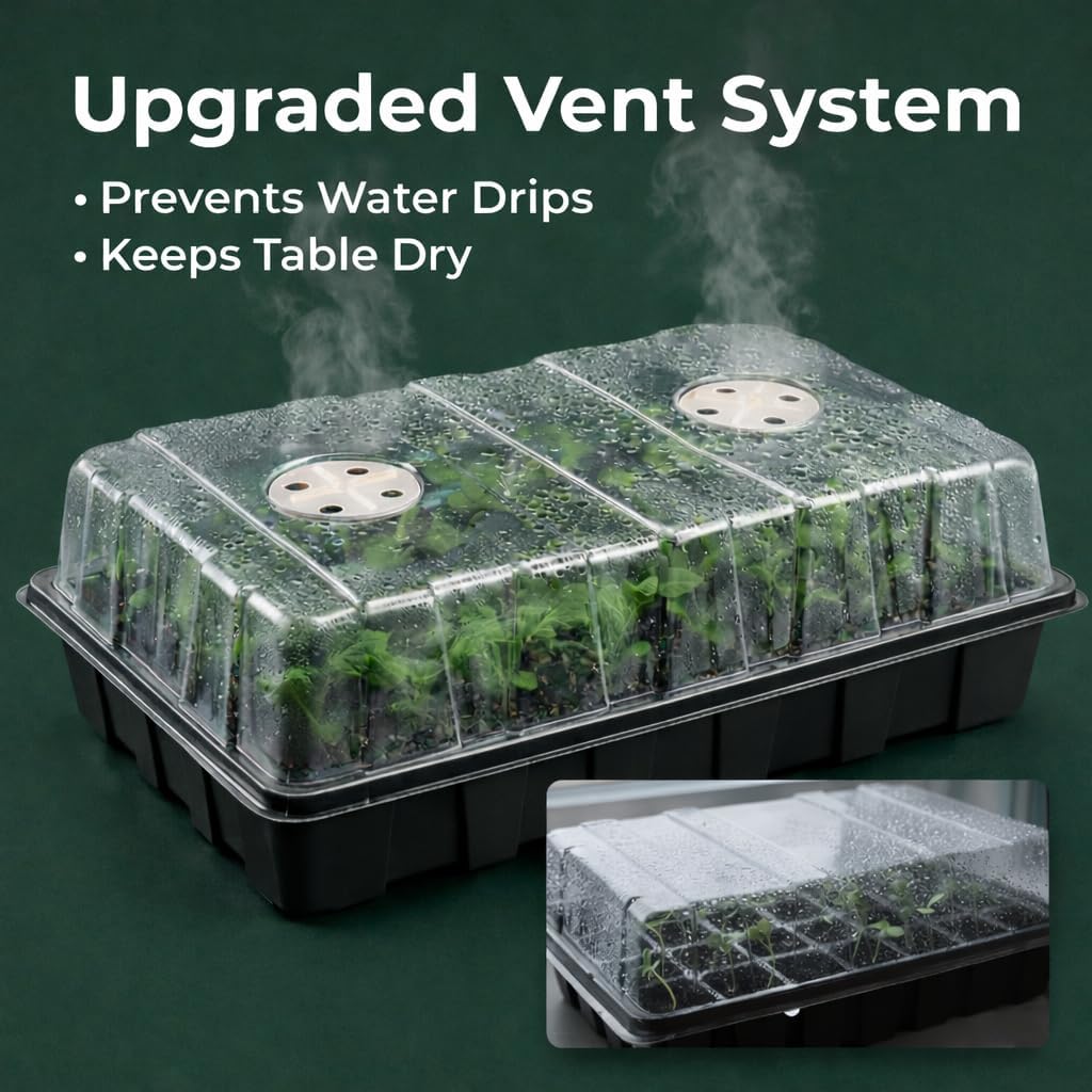 Gardzen 5-Set Seed Starter Tray Kits, Durable Plant Germination Trays with Humidity Vented Domes and Bases, Ideal for Seed Starting, Indoor Gardening, and Greenhouse (Total 200 Cells) | Durable Plant Germination Kit with Humidity Control Domes for Indoor