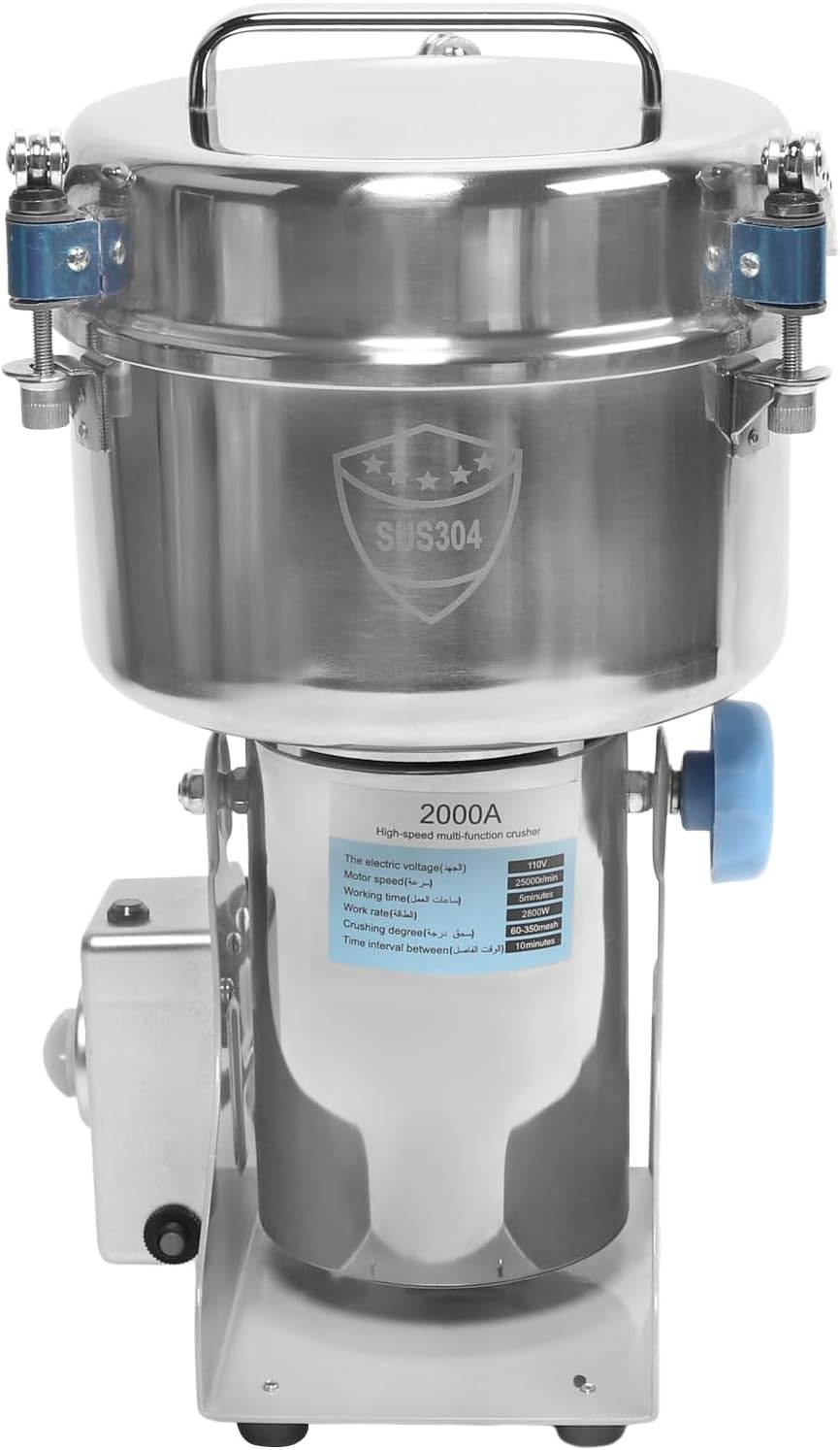 Commercial Electric Grinder, 2000g Electric Herb Grain Spice Grinder Stainless Steel Grinding Machine 270° Swing Type Power Mill Grinder 60-350 Mesh
