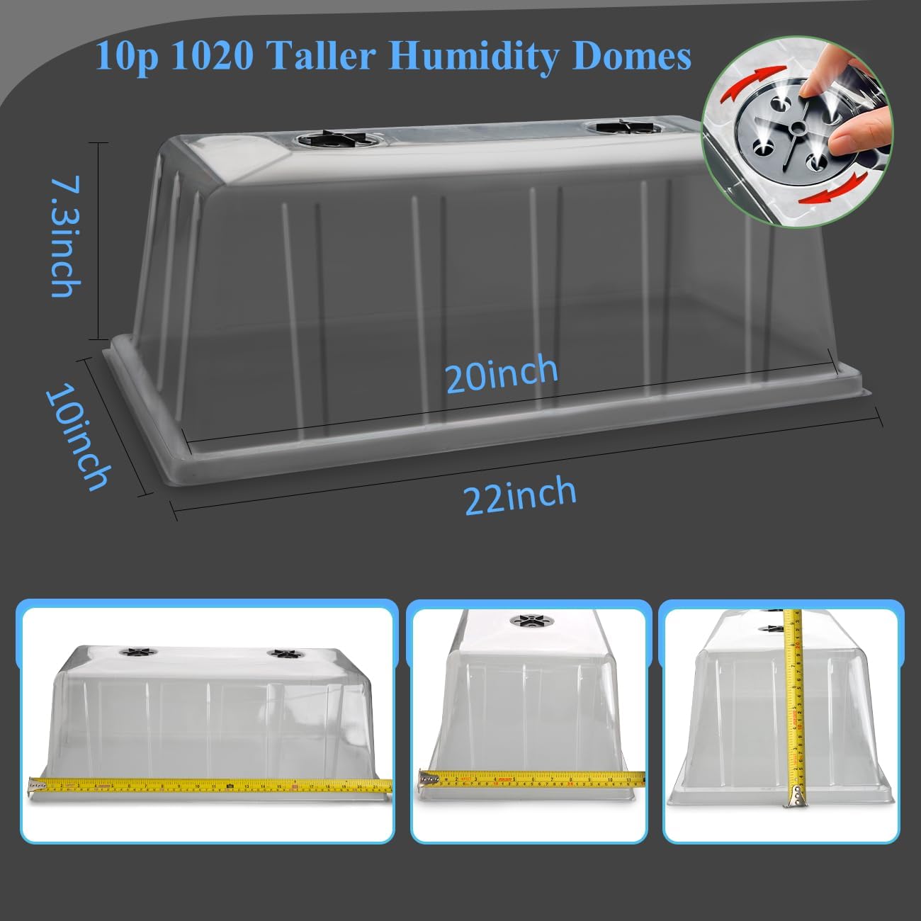 BTPLASTIK 10 Pack 7.3" High Humidity Domes for 1020 Seed Trays – Thicker Platic Clear Humidity Dome with Adjustable Vents, BPA-Free, Fits Standard 10"x20" Trays for Germination, Propagation, Cloning