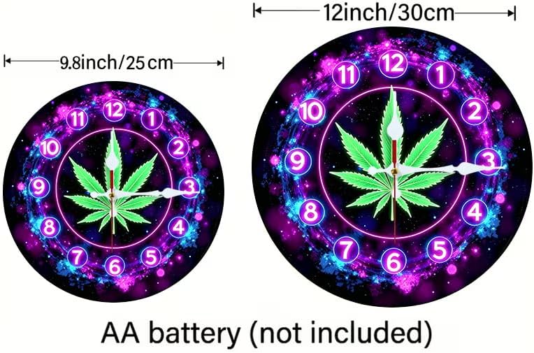 Neon Cosmic Cannabis Leaf Clock 2D Art Print Silent Wall Clock, 10/12 Inch, Battery Operated No Battery, Home Bedroom Office Decor