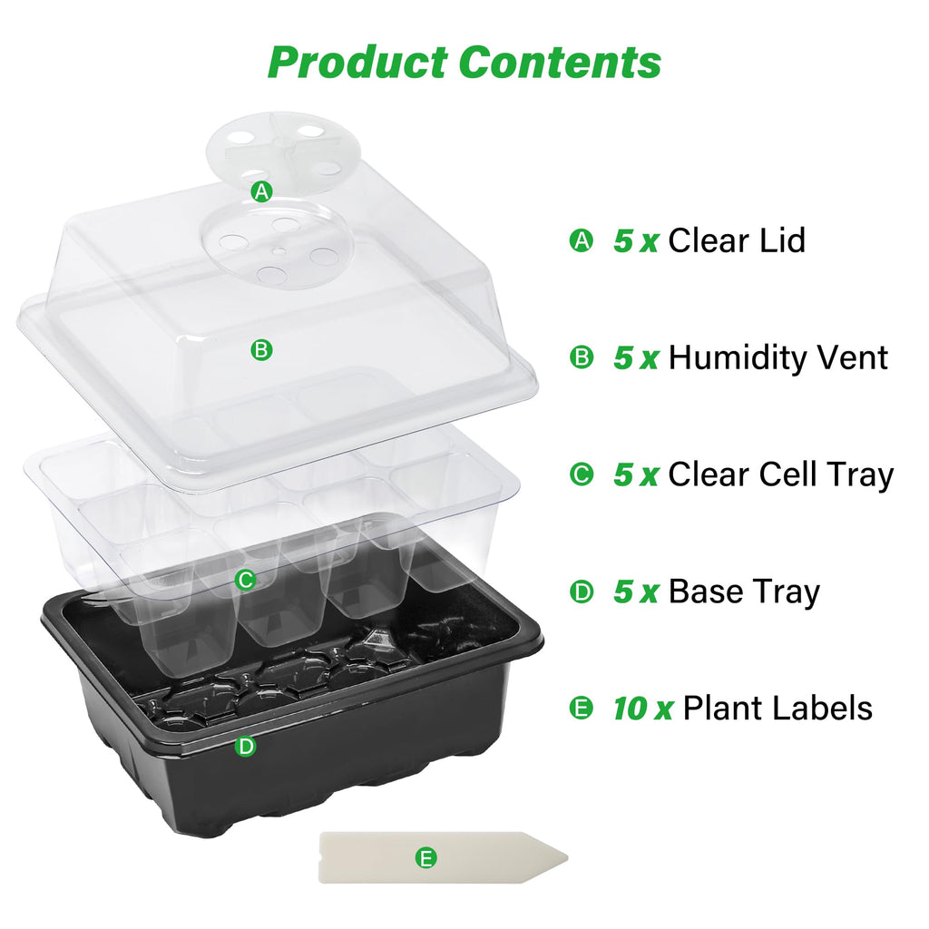 10-Pack Seed Starter Trays, Tall Dome, Base, 12-Cell Tray, Clear | 10 Seedling Kits with Tall Domes for Large Seed Starting. Adjustable Vents, Clear Trays & Heat Mat Compatibility, Indoor Use