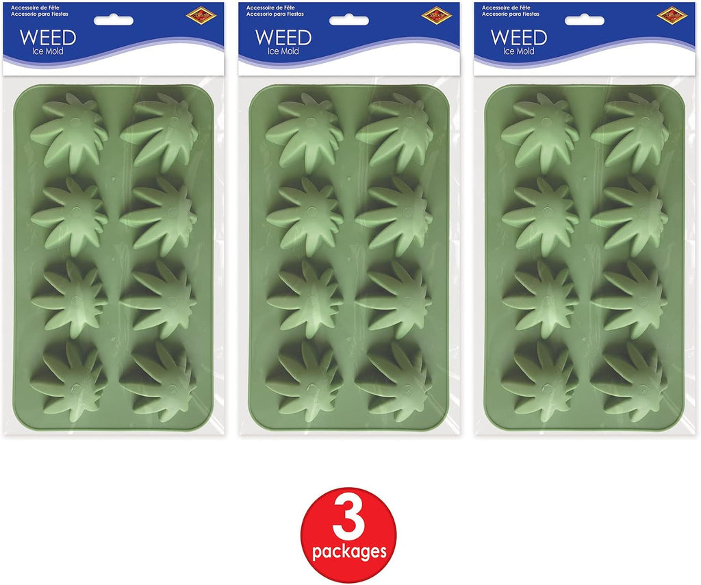 Beistle , 3 Piece Weed Ice Molds, 9" x 5.25", Green | Flexible silicone mold creates eight cannabis leaf-shaped ice cubes, chocolates, candies, gelatin treats, and frozen desserts