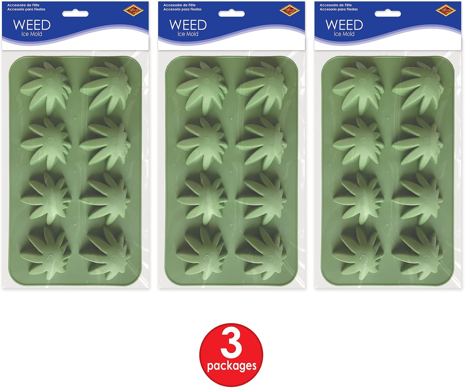 Beistle , 3 Piece Weed Ice Molds, 9" x 5.25", Green | Flexible silicone mold creates eight cannabis leaf-shaped ice cubes, chocolates, candies, gelatin treats, and frozen desserts