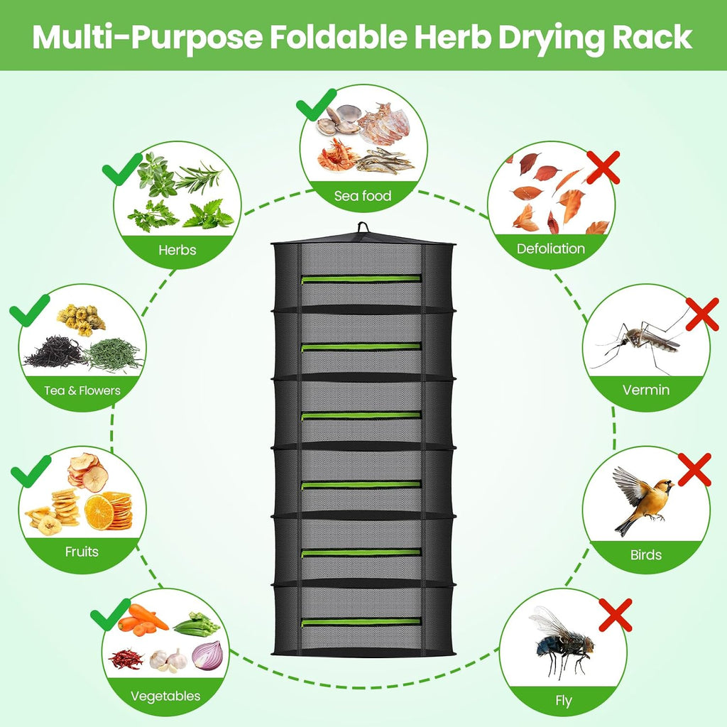 MEKOLIFE 6-Layer Herb Drying Rack with Collapsible Mesh Design | 23.62 Inch Hanging Drying Rack with Zipper and Garden Pruning Shears - Versatile Plant Drying Solution