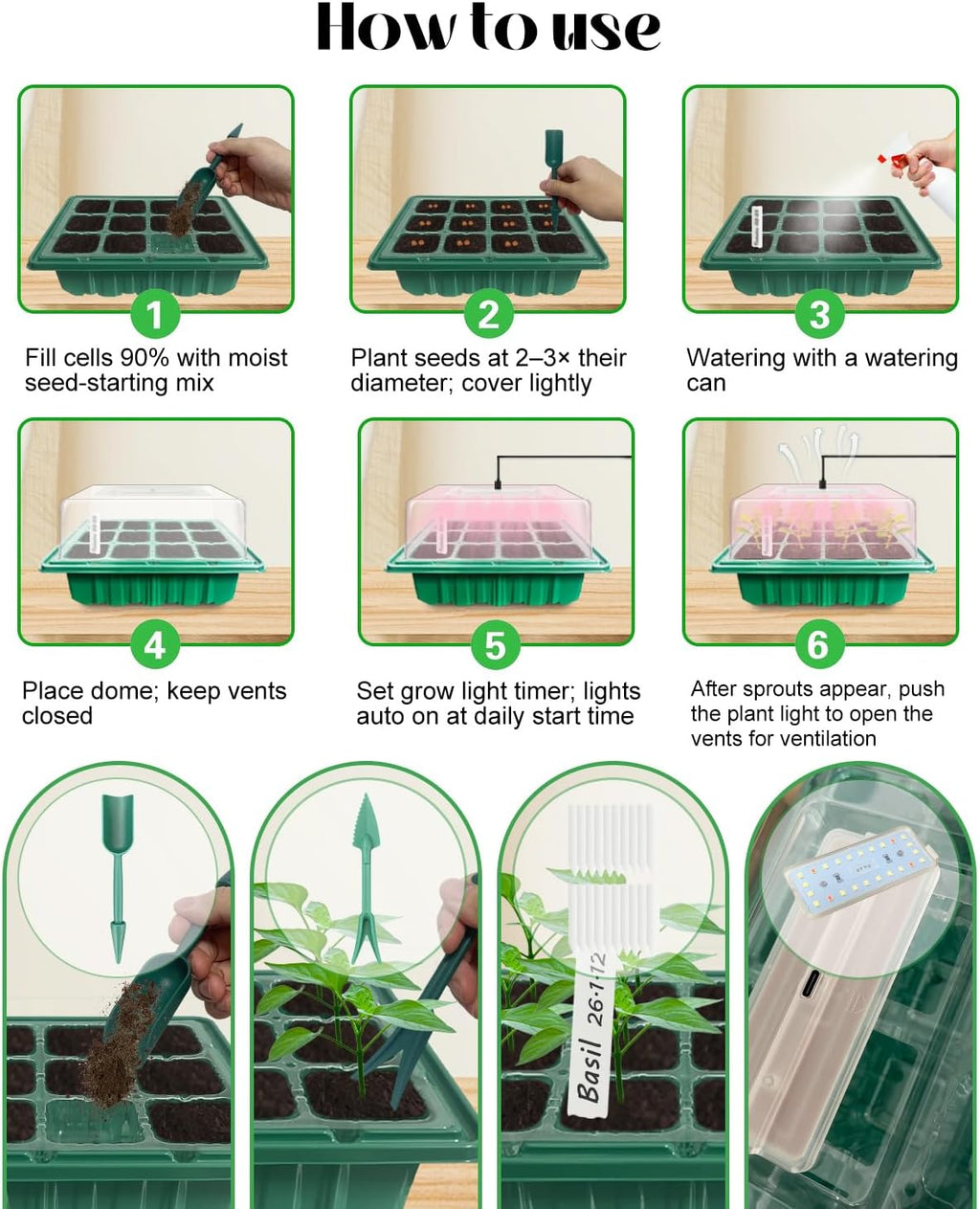 Seed Starter Tray with Grow Light (2x 24-LED), 2 Pack for Seed Starting | Seed Starter Kit with Humidity Domes and Timing Controller, Adjustable Brightness, Reusable Thicken Seedling Starter