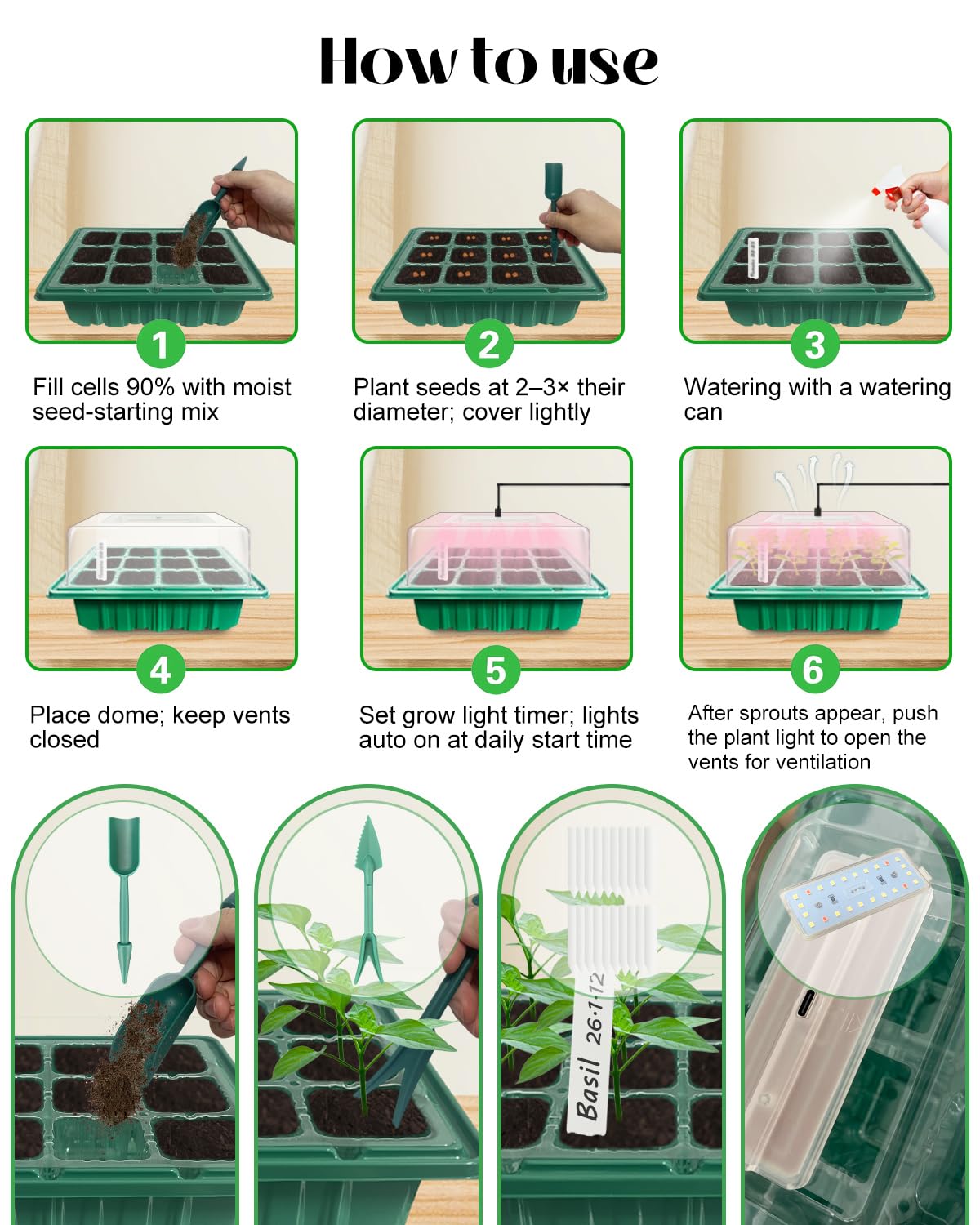 Seed Starter Tray with Grow Light (2x 24-LED), 2 Pack for Seed Starting | Seed Starter Kit with Humidity Domes and Timing Controller, Adjustable Brightness, Reusable Thicken Seedling Starter