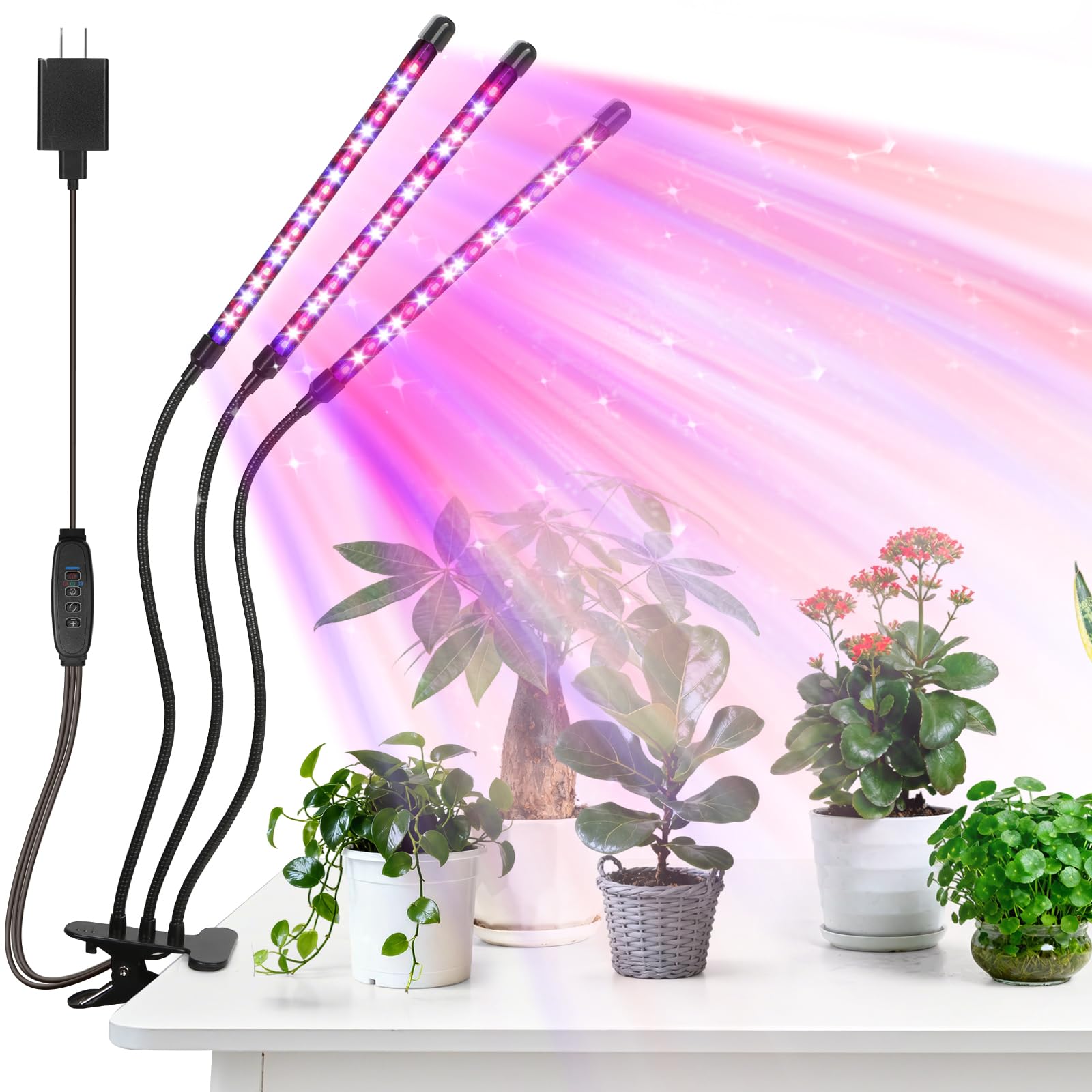 Led Grow Lights, 4 Heads Red Blue Plant Light with Clamp for Indoor Plants & Seed Starting, 10-Level Dimmable, Auto On Off, Timing 3 9 12Hrs