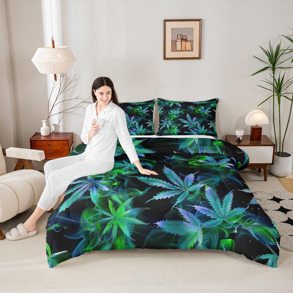 Cannabis Leaf Comforter Set Queen Size 3 Pcs,Marijuana Leaf Weed Psychedelic Bedding Set,Neon Green Leaves Botanical Trippy Quilt Set for Young Adults,2 Pillowcases