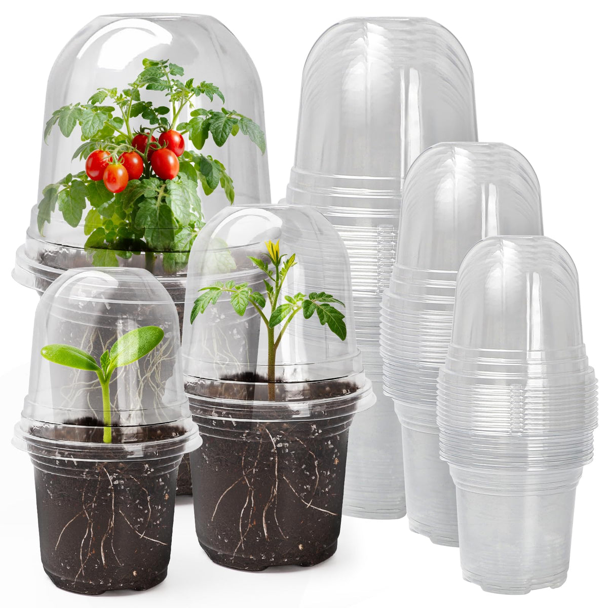 MIXC Plant Nursery Pots with Humidity Dome 4" Soft Transparent Plastic Gardening Pot Planting Containers Cups Planter Small Starter Seed Starting Trays for Seedling with 10pcs Plant Labels，30 Sets
