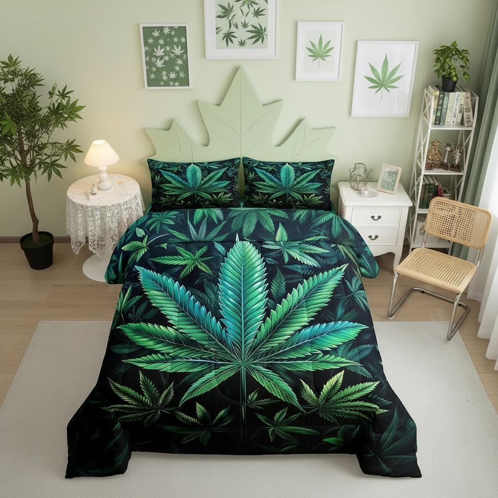 Cannabis Leaf Comforter Set Queen Size 3 Pcs,Marijuana Leaf Weed Psychedelic Bedding Set,Neon Green Leaves Botanical Trippy Quilt Set for Young Adults,2 Pillowcases