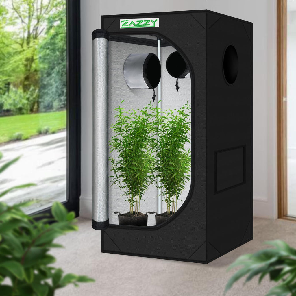 zazzy 3'X3' Grow Tent 32"x32"x63", High Reflective Mylar Growing Tent | Observation Window, Removable Floor Tray and Tool Bag for Planting Indoor Fruit Flower Veg