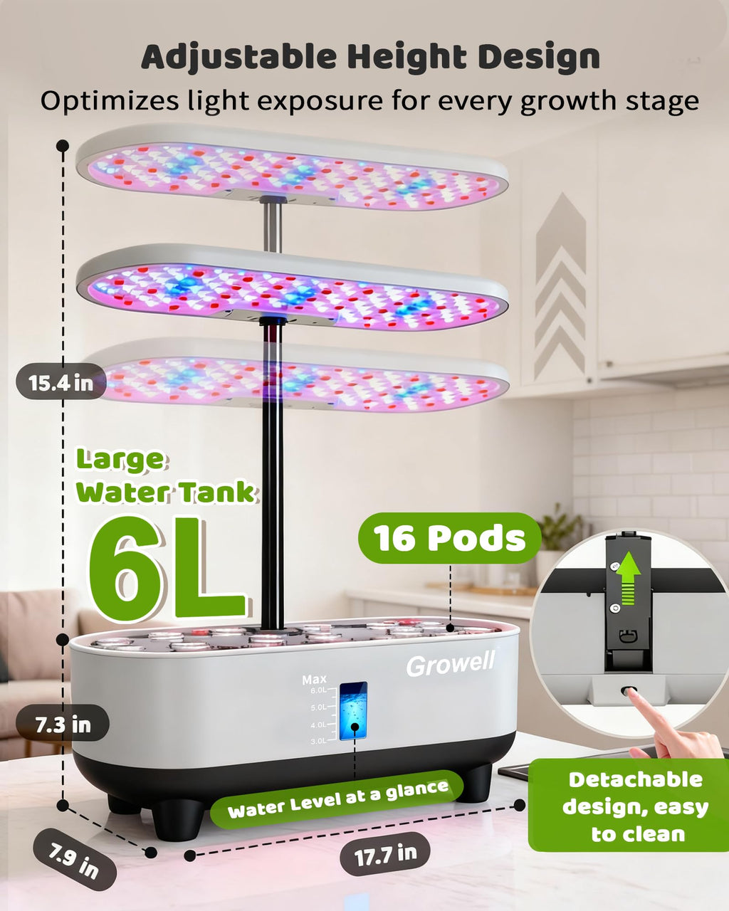 Growell 16 Pods Hydroponics Growing System Kit with 3 Light Modes & 2 Timer | Smart Water Circulation, LED Grow Light, 8L Large Water Tank, Coutertop, Indoor Herb Garden, Perfect Gardening Gifts, Black