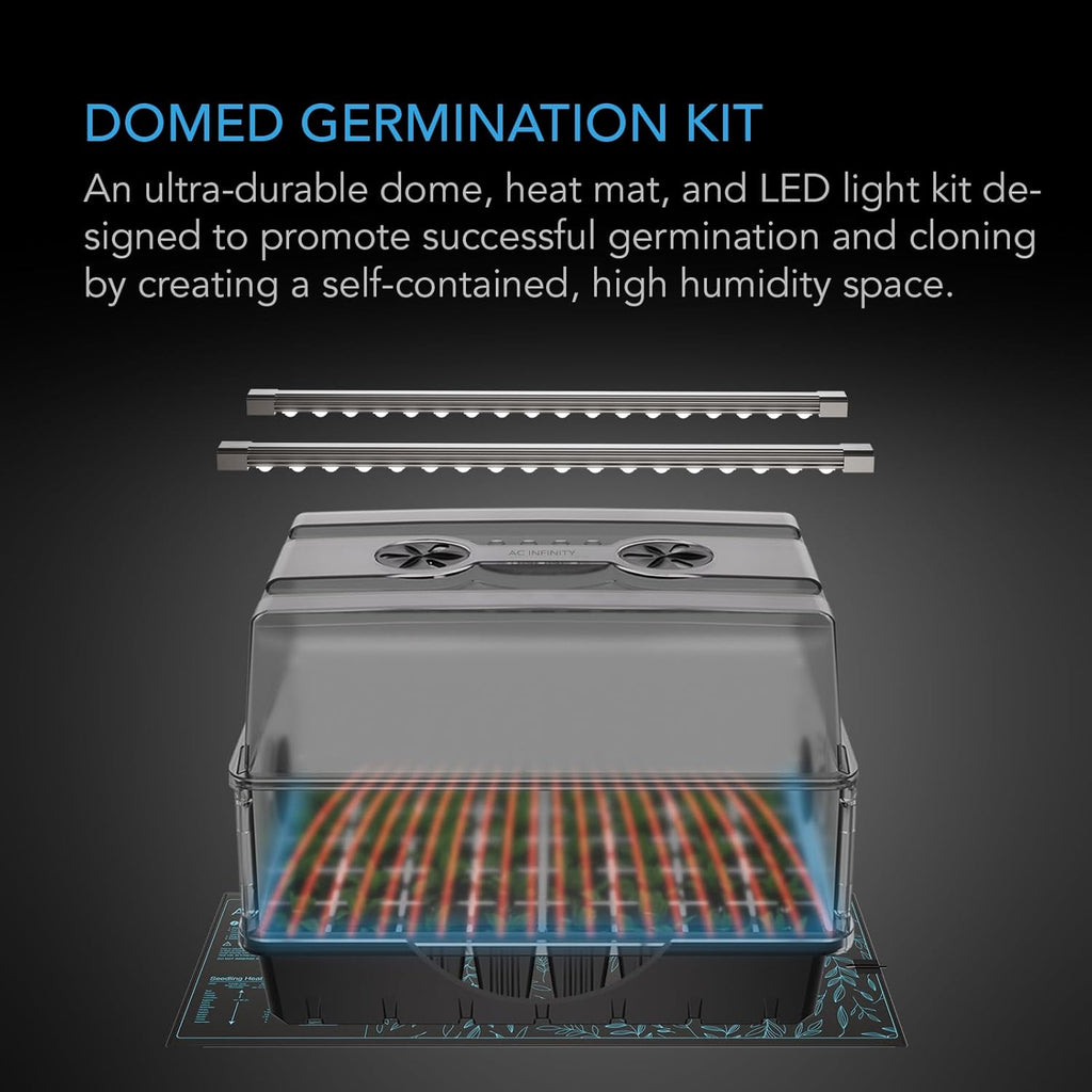 AC Infinity Heavy-Duty Humidity Dome 5x8 Germination Kit | Full Spectrum LED Grow Light Bars w/Samsung LM301H EVO LEDs, Heat Mat, 3mm Dome, Trays, Vented Panels, for Seed Starting