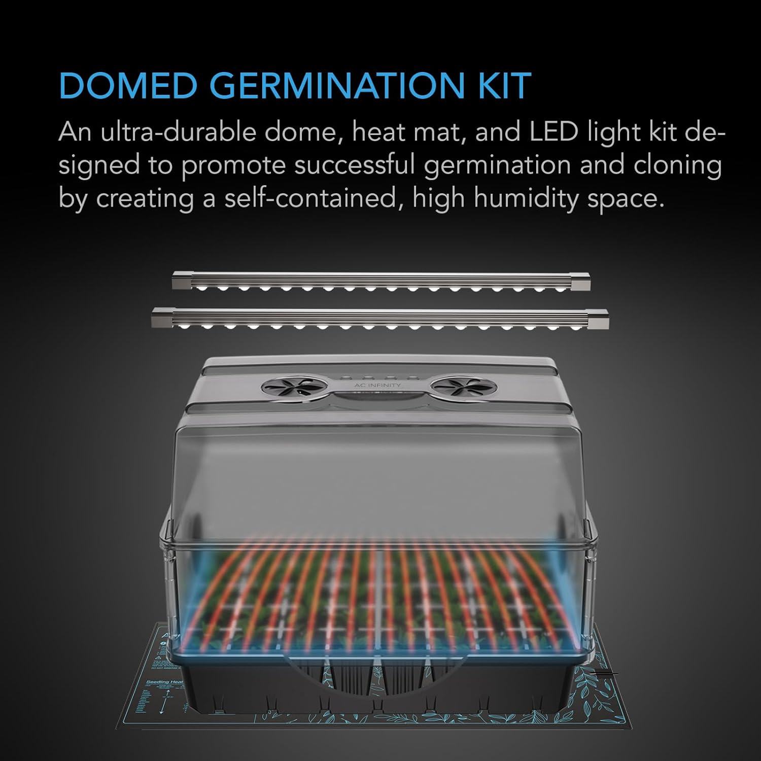 AC Infinity Heavy-Duty Humidity Dome 5x8 Germination Kit | Full Spectrum LED Grow Light Bars w/Samsung LM301H EVO LEDs, Heat Mat, 3mm Dome, Trays, Vented Panels, for Seed Starting