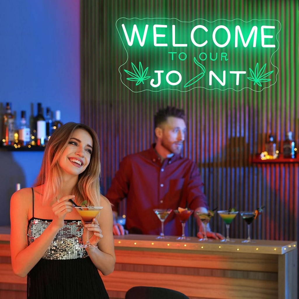Welcome To Our Joint Neon Sign Marijuana Neon Light for Home Decor Cannabis Decor Marijuana Hemp Leaf Sign for Shop Open Smoker Gifts