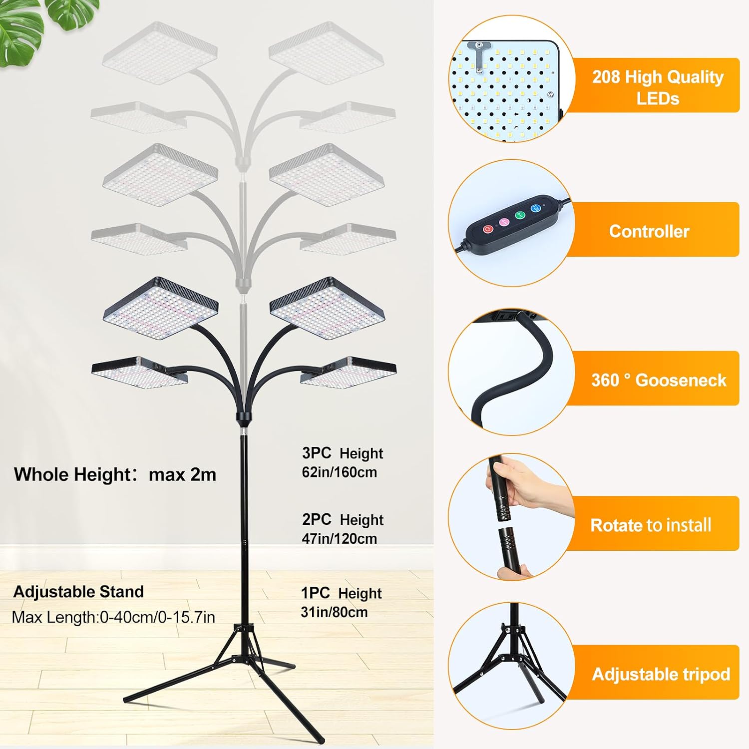 FECiDA Upgraded Stand Grow Lights for Tall House Plants, Indoor Bonsai Tree | 5-Mode 4/8/12/16/20 Hr Timer, 100 Watt Power Draw, 4x Brightness, New Stable Stand, 24"-76" Height Adjustable
