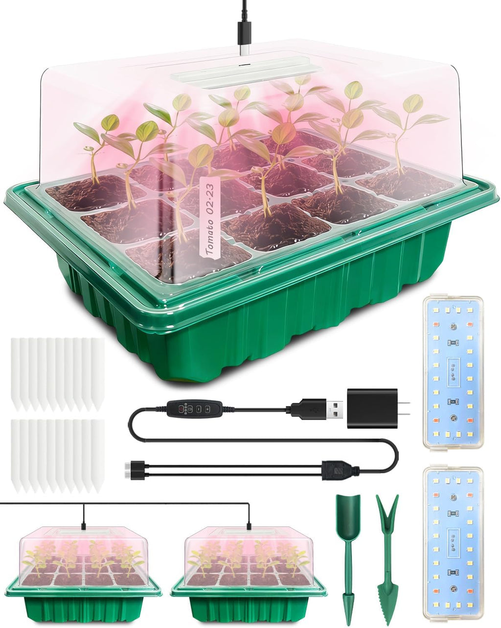 Seed Starter Tray with Grow Light (2x 24-LED), 2 Pack for Seed Starting | Seed Starter Kit with Humidity Domes and Timing Controller, Adjustable Brightness, Reusable Thicken Seedling Starter
