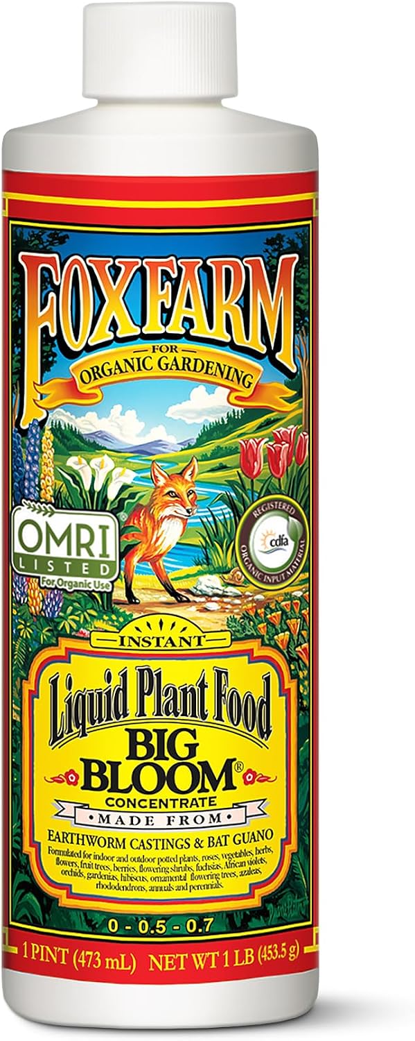 Fox Farm Big Bloom Liquid Plant Food - Organic Bloom Fertilizer for Flowering & Fruiting Plants, Contains Earthworm Castings & Bat Guano - Supports All Stages of Plant Growth - 0-0.5-0.7 NPK, 1 Pint