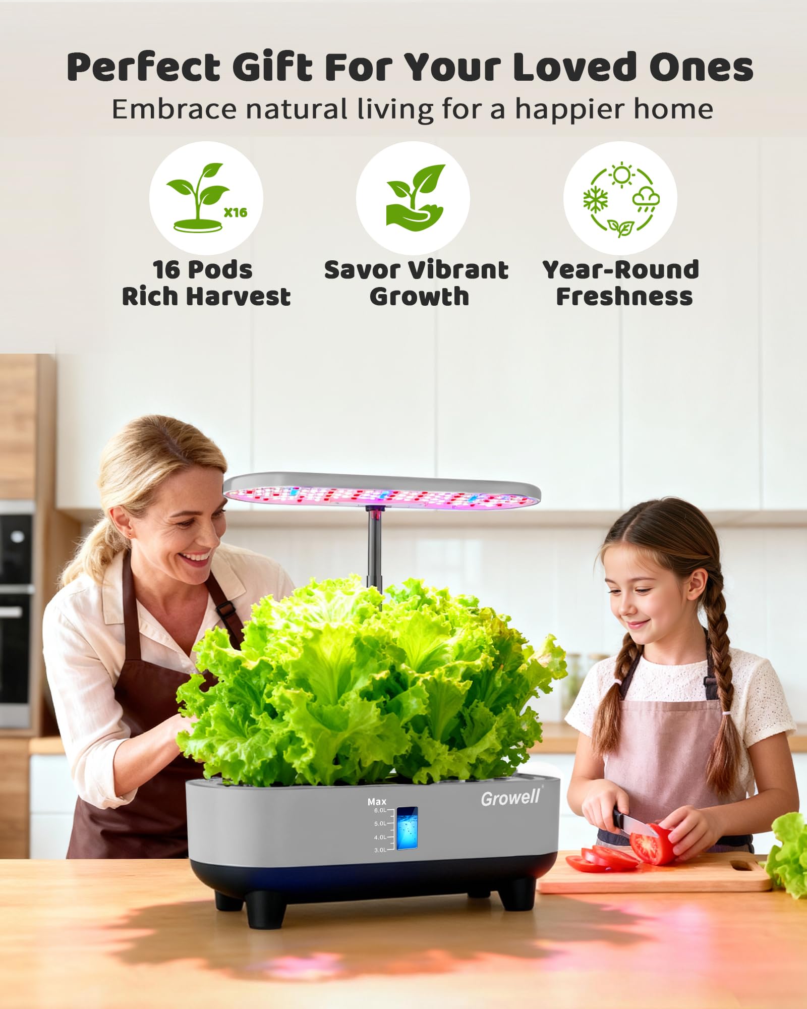 Growell 16 Pods Hydroponics Growing System Kit with 3 Light Modes & 2 Timer | Smart Water Circulation, LED Grow Light, 8L Large Water Tank, Coutertop, Indoor Herb Garden, Perfect Gardening Gifts, Black