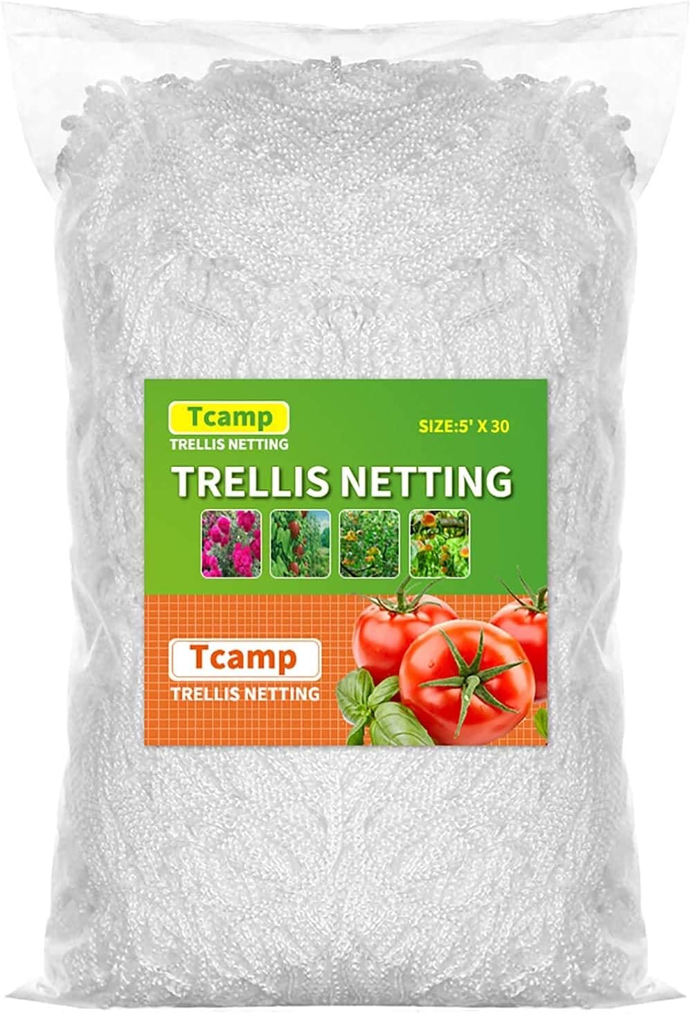 Tcamp Heavy-Duty Polyester Garden Trellis Netting, 5Ft x15Ft (1 Pack) | 3.5" Opening Mesh Plant Climbing Net for Growing Vines Plants Vegetables Fruits Flowers, White Grow Tent