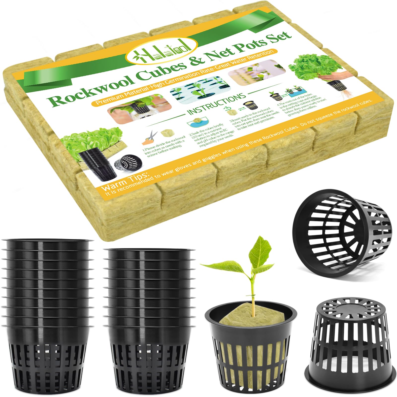 Halatool 144PCS 1.2" Rockwool Cubes & 120PCS 2" Net Cups for Hydroponics | Rockwool Garden Starter Plugs, Hydroponics Kit for Cuttings, Clone Plant, Propagation, Seed Starting & Soilless Cultivation