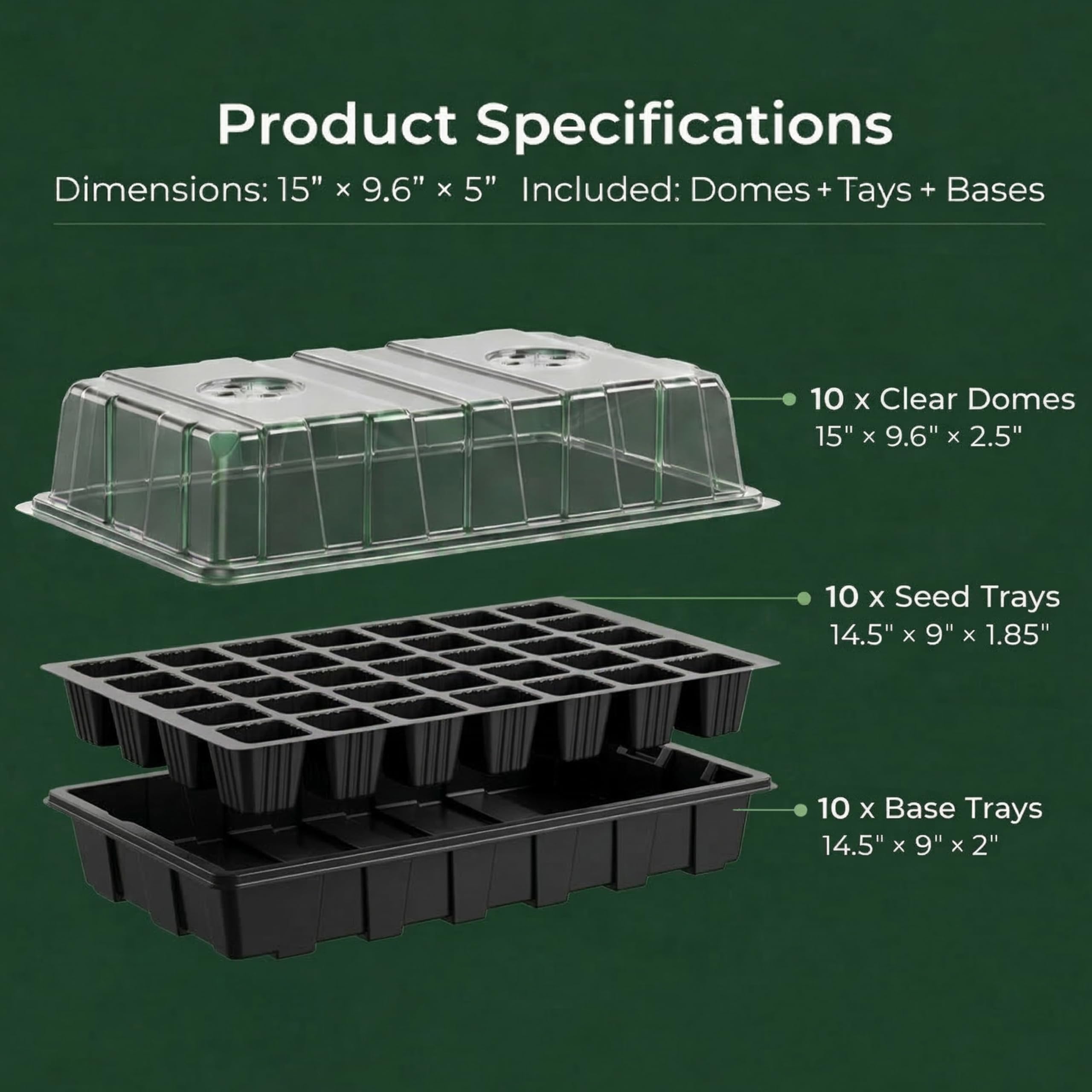Gardzen 5-Set Seed Starter Tray Kits, Durable Plant Germination Trays with Humidity Vented Domes and Bases, Ideal for Seed Starting, Indoor Gardening, and Greenhouse (Total 200 Cells) | Durable Plant Germination Kit with Humidity Control Domes for Indoor