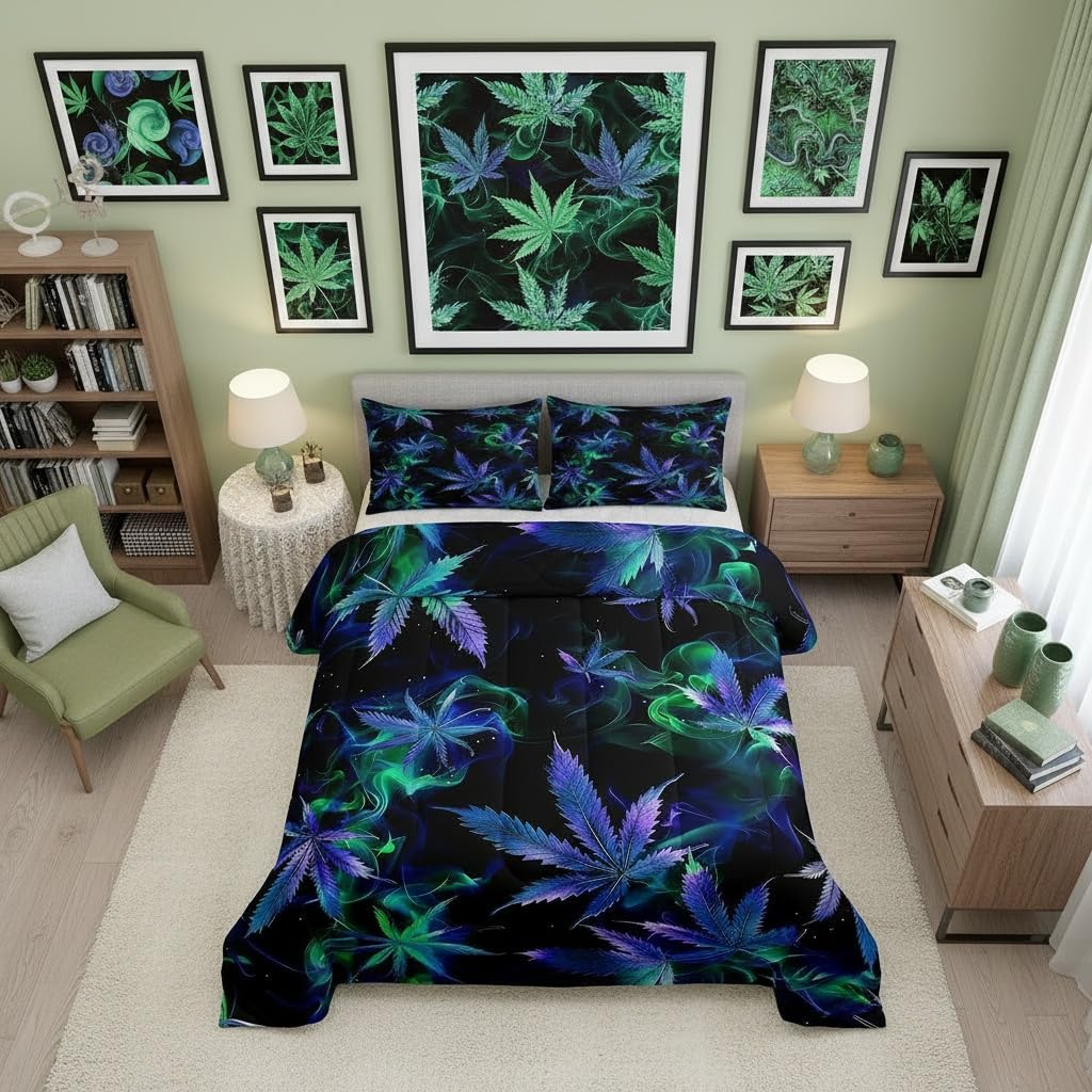 Cannabis Leaf Comforter Set Queen Size 3 Pcs,Marijuana Leaf Weed Psychedelic Bedding Set,Neon Green Leaves Botanical Trippy Quilt Set for Young Adults,2 Pillowcases