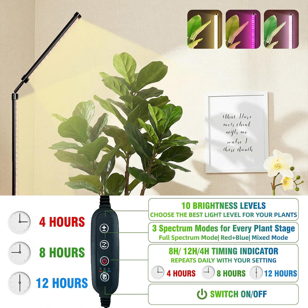 36W Standing Grow Light for Indoor Plants, 65'' Adjustable Tall Grow Light with Stand, 3 Light Modes & 10 Dimmable Levels, Floor Grow Light with Timer for Large Indoor Plants, Herbs, Corners