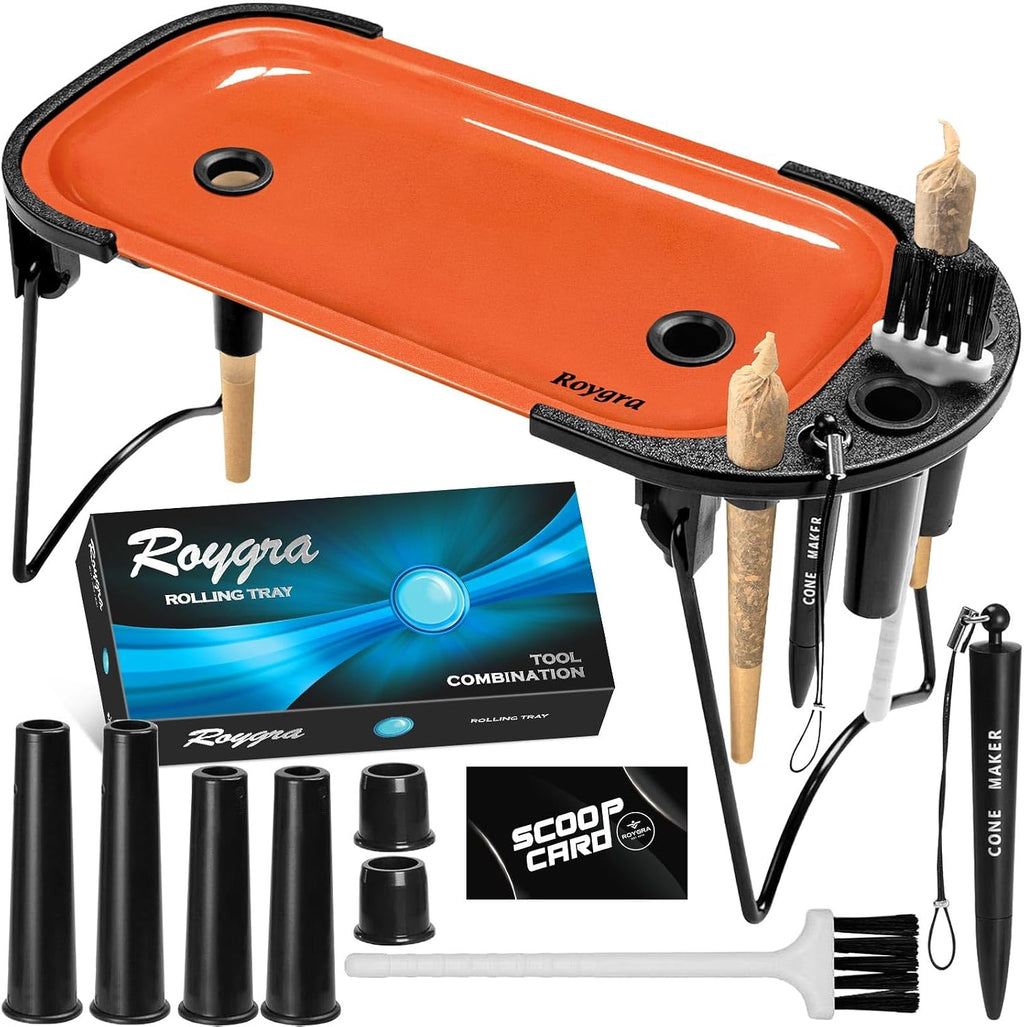 Foldable Rolling Tray Set with Cone Loader, Cone Filler Roller - Pre Roll Machine, Metal Rolling Machines for King Size, 1-1/4 Size or 70mm Cones, Smoking Accessories, 9 x 4 inch - Orange