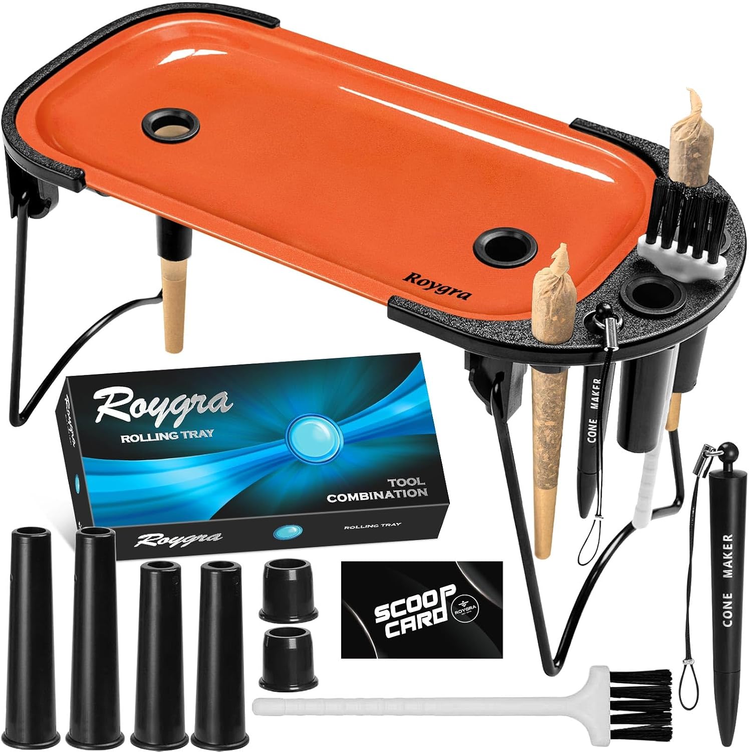 Foldable Rolling Tray Set with Cone Loader, Cone Filler Roller - Pre Roll Machine, Metal Rolling Machines for King Size, 1-1/4 Size or 70mm Cones, Smoking Accessories, 9 x 4 inch - Orange