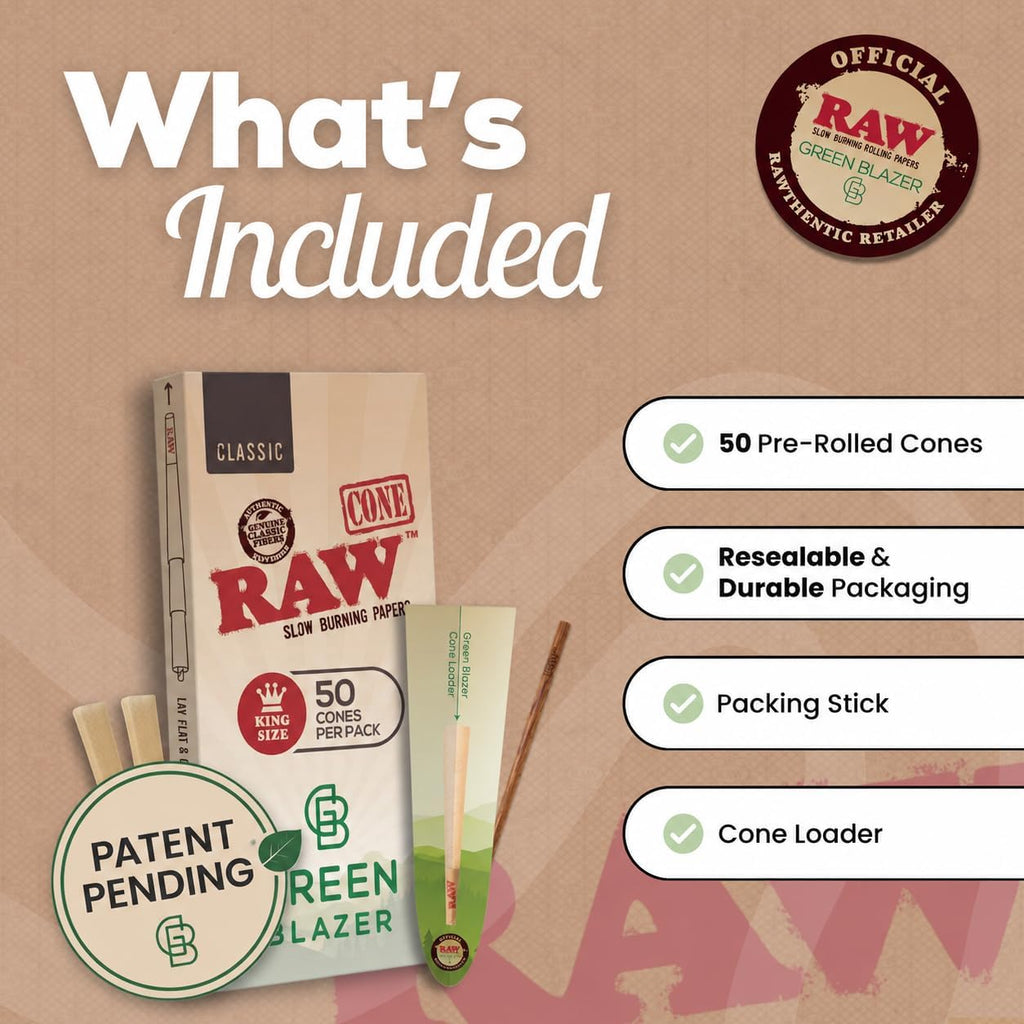 RAW Cones Classic King: 50 Pack, Pre Rolled Cones Rolling Papers, 109 mm | Food Grade Container, Green Blazer Preroll Loader, Patented Slow Burn, All Natural RAWthentic, Rolling Papers & With Tips