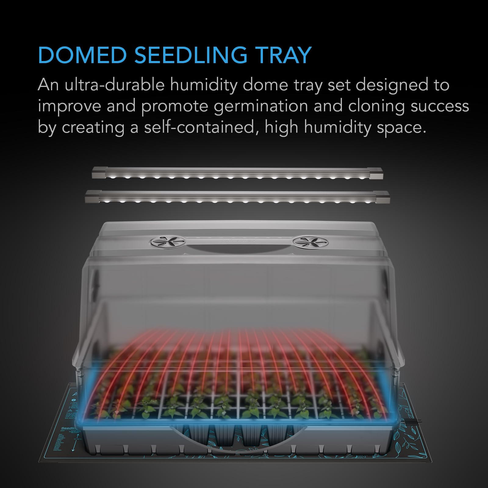 AC Infinity Heavy-Duty Humidity Dome 5x8 Germination Kit | Full Spectrum LED Grow Light Bars w/Samsung LM301H EVO LEDs, Heat Mat, 3mm Dome, Trays, Vented Panels, for Seed Starting