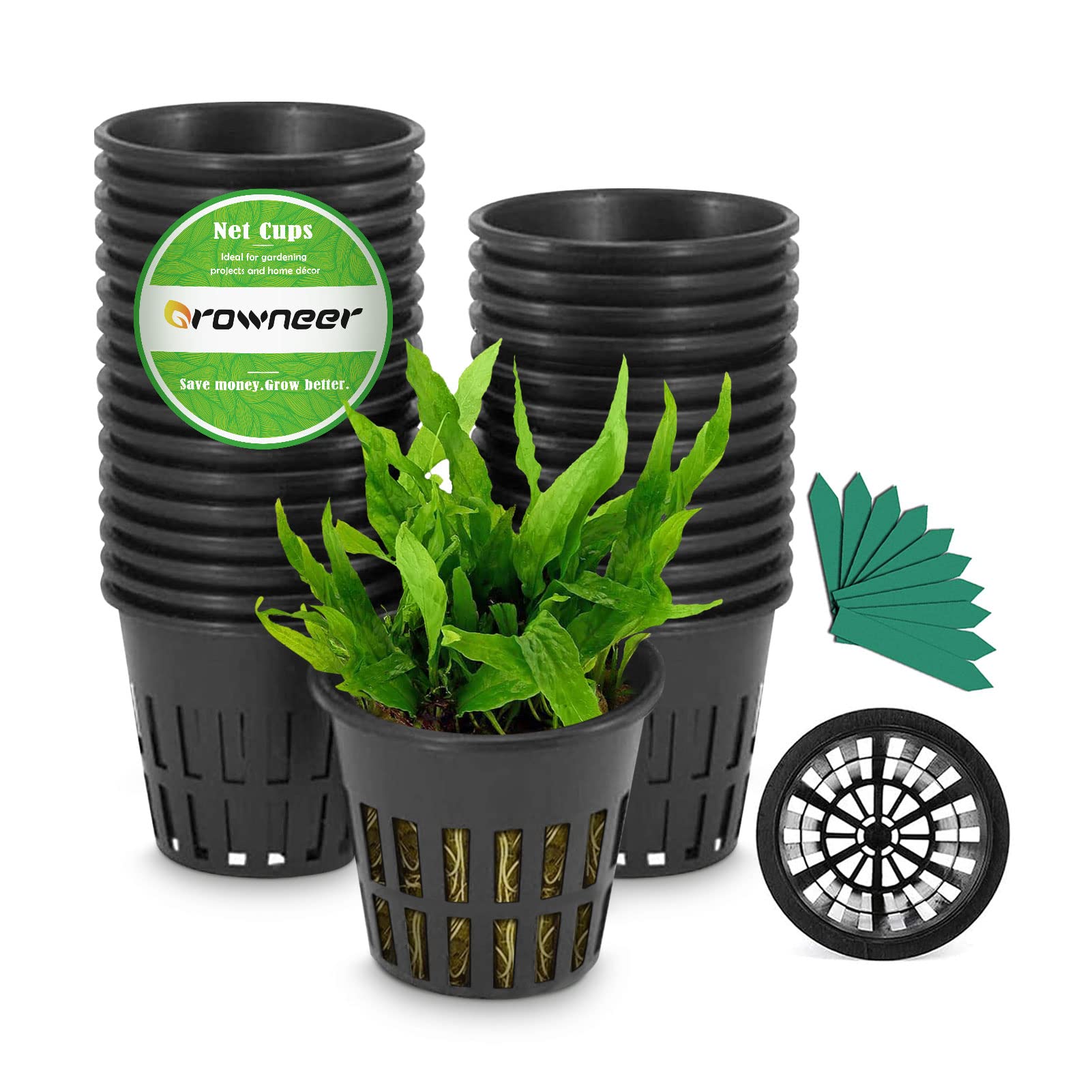 GROWNEER Net Pots 50 Pcs 2 Inch Garden Slotted Mesh Net Cups with 50Pcs Plant Labels, Heavy Duty Hydroponic Pot Supplies Planting Grow Basket for Indoor Outdoor