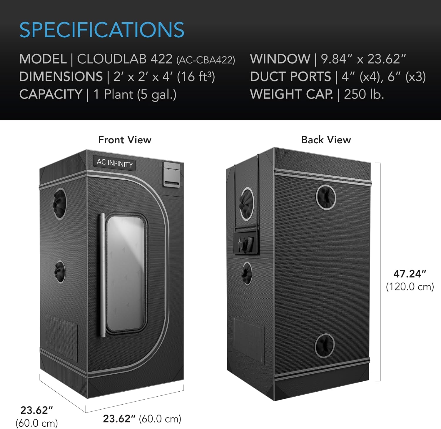 AC Infinity CLOUDLAB 422, Advance Grow Tent 2x2, Thickest 1" Poles | 2000D Mylar Canvas, Lab-Tested Highest Reflectivity, Largest Zipper Window, Controller Mount Plate, 24" × 24" × 48" Grow Tent